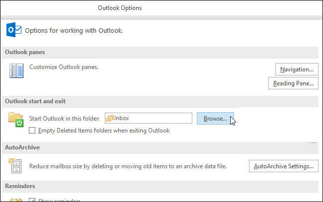 change default folder in Outlook 2016