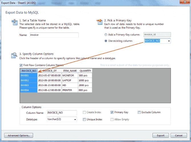 MS Excel Table to MySQL