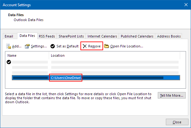 remove Outlook PST from OneDrive