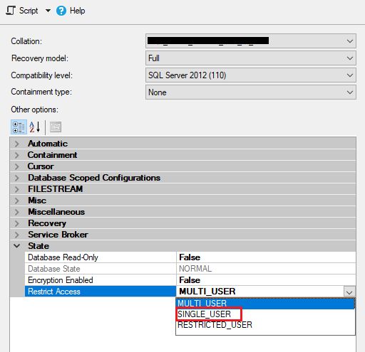 sql database single user mode